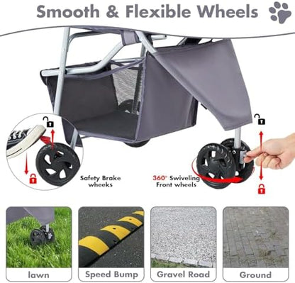 3 Wheels Pet Stroller,Storage Basket and Cup Holder, Breathable Mesh, Waterproof and Foldable for Small/Medium Dogs and Cats Strollers, Lightweight Travel Carrier for Daily Walks & Outdoor，Grey - Image 3