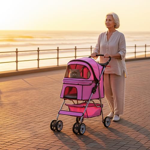 BestOffice Pet Stroller for Small Medium Dogs & Cats, 4-Wheel Foldable Dog Stroller with Cup Holder, Lightweight Travel Carrier, Waterproof Design for Outdoor Walks, Pink - Image 2