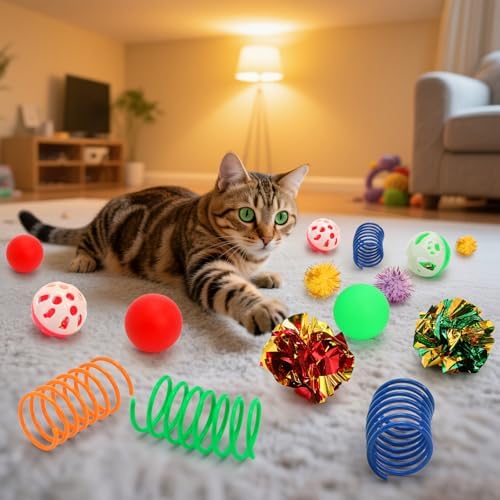 Nicunom 100 Pcs Cat Toys for Indoor Cats and Kittens - Spring, Fur Mice, Crinkle Ball, Sparkle Pom Pom Ball, Bell, Catnip Rope, Variety Cat Interactive Toy Set - Image 6