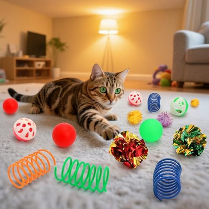 Nicunom 100 Pcs Cat Toys for Indoor Cats and Kittens - Spring, Fur Mice, Crinkle Ball, Sparkle Pom Pom Ball, Bell, Catnip Rope, Variety Cat Interactive Toy Set - Image 6