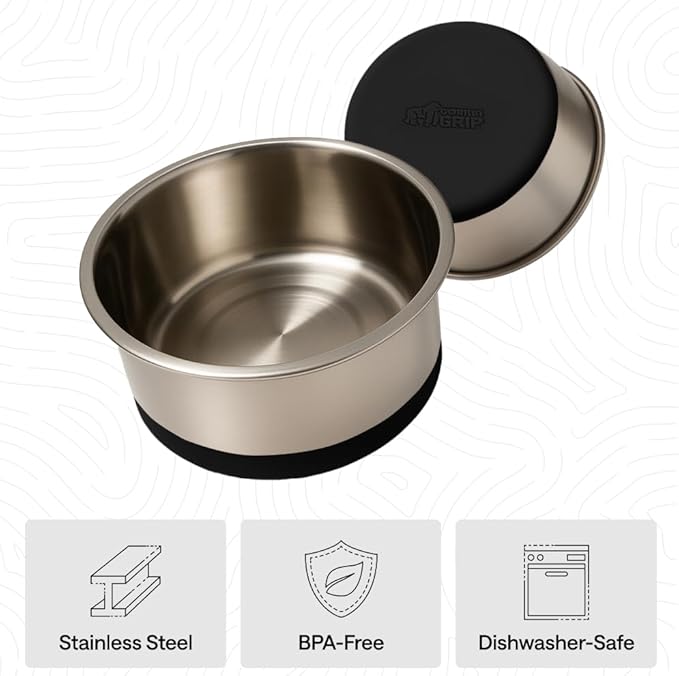 GORILLA GRIP Dog Bowls, Food Grade 304 Stainless Steel, Holds 4 Cups Each (32 fl oz) Food and Water Bowl for Feeding Dogs and Cats, Dishwasher Safe, Rust Resistant, BPA Free Rubber Base Set of 2 Black