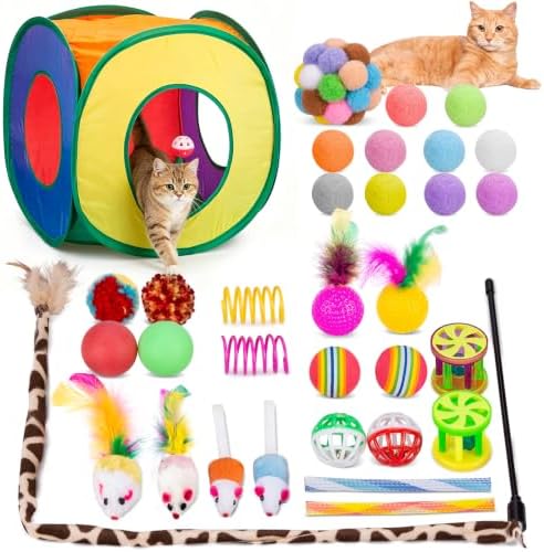 Retro Shaw 33Pcs Cat Toys Pack for Indoor Cats Kitten, with Cube Tunnel by RetroShaw