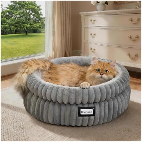 BALANCE Cat Bed Kitten Bed, Washable Round Cat Beds for Indoor Cats, Super Soft Plush Faux Fur Pet Bed for Puppy and Kitten with Anti-Slip Bottom by BalancePet