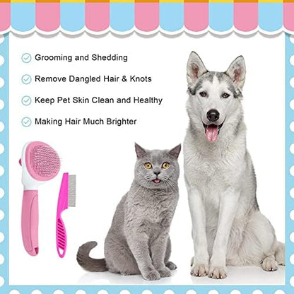 Cat Brushes for Indoor Cats, Dog Brush for Shedding with Metal Cat Comb, Self Cleaning Pet Hair Brush with Release Button for Grooming Kitten(Pink) - Image 4