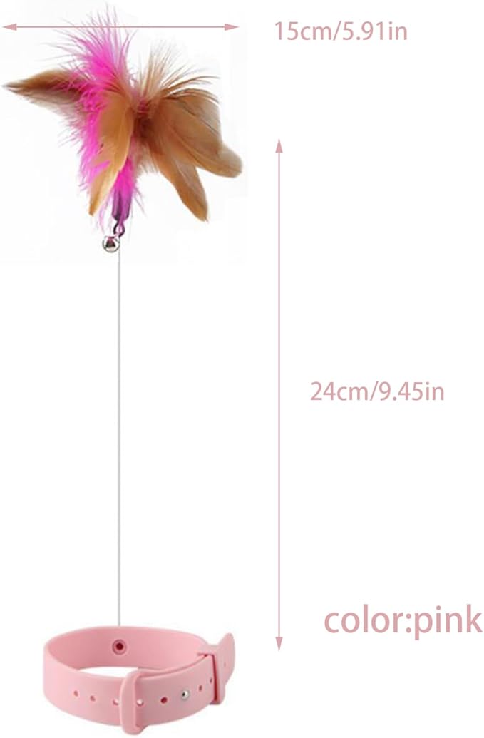 Interactive Cat Toy, Cat Teaser Wand Collar with Silicone Collar, Feather Toys for Kitten Play, Pink