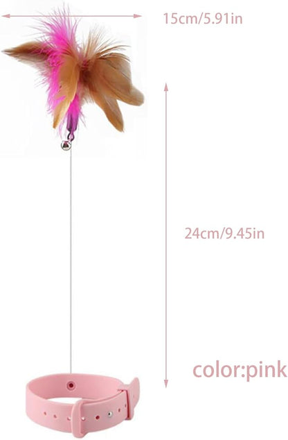 Interactive Cat Toy, Cat Teaser Wand Collar with Silicone Collar, Feather Toys for Kitten Play, Pink