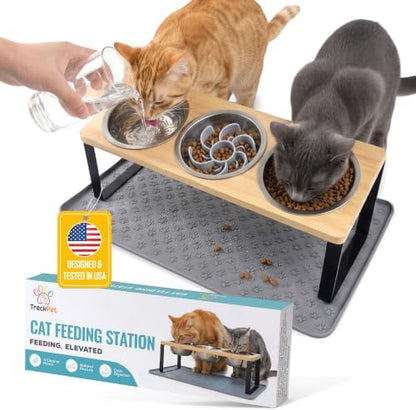 Raised Cat Food Bowls-3 Bowl Elevated Cat Feeding Station with Mat by TRECKPET