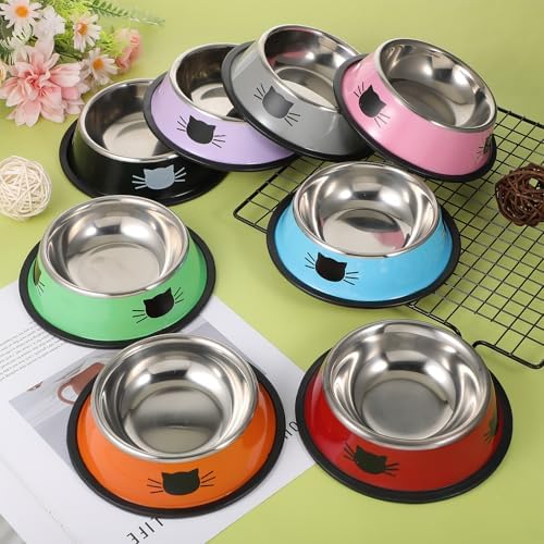 8 Pack Cat Bowls, Stainless Steel Cat Water Food Bowl Set with Anti-Slip Base, 7oz Shallow Pet Dish for Kittens & Small Dogs, Multi-Color (Blue, Black, Purple, Orange, Green, Gray, Red, Pink) - Image 6