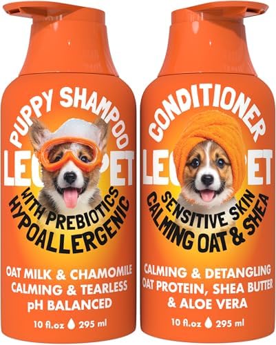 Puppy Shampoo and Conditioner Set Hypoallergenic, Tearless, pH Balanced Dog Shampoo for Puppies Oat Milk, Chamomile & Prebiotics Puppy Shampoo for Sensitive Skin Sulfate Free, Paraben Free 2×10 fl oz by LegitPet