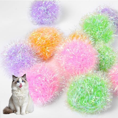 Psyqtsuary 12 Pcs Cat Ball Toys, 2 Inch Sparkle Fuzzy Balls Interactive Cat Toy Soft Pom Pom Sparkle Fuzzy Balls Assorted Color - Image 2