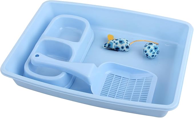 PAWISE Cat Litter Box Set, Small Cat Kitten Starter Kit, Includes Cats Toilet Kitten Litter Pan with Litter Scoop, Double Dish Cat Bowl, Kittens Mouse and Ball Toy