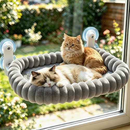 IPOW Cat Window Perch Cordless Foldable Cat Hammock Bed for Window with 4-Sided Bolster, Sturdy Metal Frame & Strong Suction Cups Window Hammock for Large Cats and Kittens 23.3 * 15.8in(Gray) by IPOW
