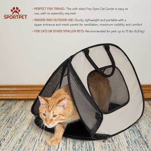 SportPet Designs Pop Open Cat Carrier, Soft-Sided Collapsible Travel Carrier for Cats up to 15 lbs, Lightweight Portable Design with Mesh Ventilation & Secure Zippers, Tan - Image 2