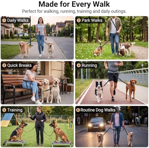 Tallew Double Dog Leash No Tangle 360° Swivel Dual Dog Walking Leash, 3-in-1 Adjustable Waist Belt with Shock Absorbing Reflective Bungee for Training, Running and Walking(18-120 Lbs, Black) - Image 6