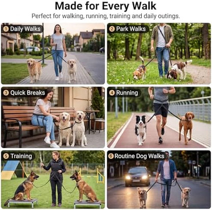 Tallew Double Dog Leash No Tangle 360° Swivel Dual Dog Walking Leash, 3-in-1 Adjustable Waist Belt with Shock Absorbing Reflective Bungee for Training, Running and Walking(18-120 Lbs, Black) - Image 6