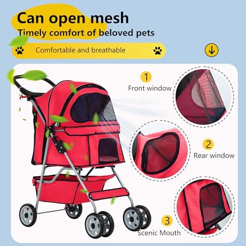 FDW | 4-Wheel Foldable Pet Stroller | Red | Lightweight & Portable - Image 4