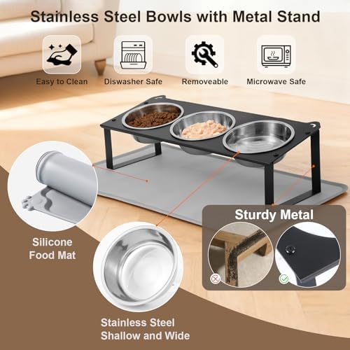 Elevated Cat Bowls with Food Mat, 10°Tilted Non-Slip Raised Cat Food Water Bowls Set, 3 Thick Stainless Steel Pets Dishes with Cute Metal Feeding Stand for Indoor Kitten Puppy, Anti-Vomiting - Image 4
