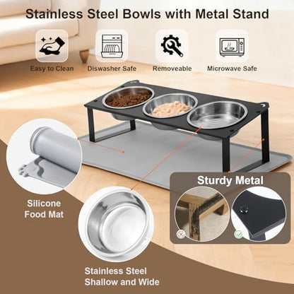 Elevated Cat Bowls with Food Mat, 10°Tilted Non-Slip Raised Cat Food Water Bowls Set, 3 Thick Stainless Steel Pets Dishes with Cute Metal Feeding Stand for Indoor Kitten Puppy, Anti-Vomiting - Image 4