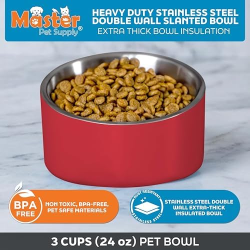 Master Pet Supply Stainless Steel Slanted Dog Cat Food Bowl 24 oz Crimson - Image 3