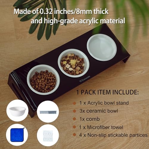Tilted Raised Elevated Food and Water Bowls Stand for Cat or Small Dogs - Puppy's Clear Acrylic Stainless Steel 3 Dishes Holder for Boy or Girl Pet by WBhonghui (Black-3bowls) - Image 6
