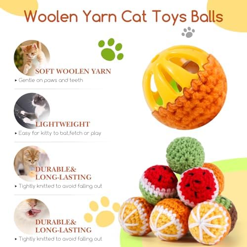 12 Pack Cat Toy Balls, Hand-Knitted Woolen Yarn Cat Balls Toy with Bell Inside, Interactive Kitty Toys for Indoor Kitten Teething, Chasing & Self Play(Fruit-Shaped) - Image 4