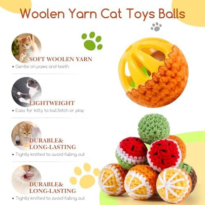 12 Pack Cat Toy Balls, Hand-Knitted Woolen Yarn Cat Balls Toy with Bell Inside, Interactive Kitty Toys for Indoor Kitten Teething, Chasing & Self Play(Fruit-Shaped) - Image 4