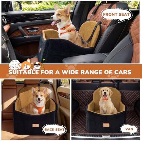 Dog Car Seat for Medium/Small Dogs, Dog Booster Car Seat, Pet Booster Seats Up to 40lbs with Waterproof Layer, 3 Storage Pockets and Safety Belt (Black/Brown) - Image 2