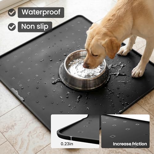 Silicone Pet Feeding Mat, 26x26 Inch Waterproof Dog Bowl Mat – Non-Slip, Machine Washable, Thin 0.23 Inch Edge for Messy Eaters, Protects Hardwood & Tile Floors, Black - Image 2