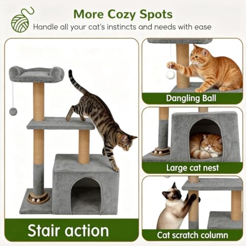 Small Cat Tree for Indoor Cats, Activity Cat Tower with Scratching Post for Kittens, Modern Cat Furniture with Basket & Hanging Ball for Play Rest, Grey - Image 4