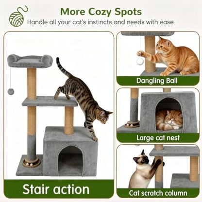Small Cat Tree for Indoor Cats, Activity Cat Tower with Scratching Post for Kittens, Modern Cat Furniture with Basket & Hanging Ball for Play Rest, Grey - Image 4
