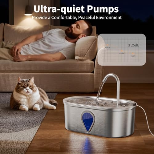 Cat Water Fountain Stainless Steel, 3.5l/118oz Cat Fountain with Water Level Window Silent Pet Fountain for Drinking, Automatic Cat Water Dispenser Indoor（118oz） - Image 6
