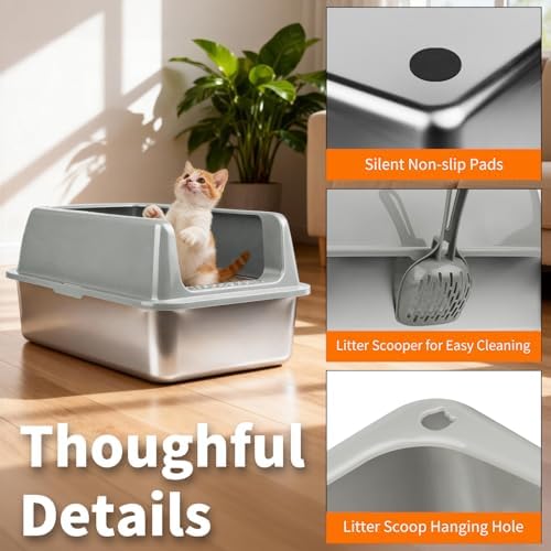 Kirecoo 2 Pack Medium Semi-Enclosed Stainless Steel Cat Litter Box with Lid - Image 6