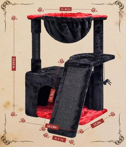 SYANDLVY Gothic Cat Tree for Indoor Cats Large Adult, Modern Activity Tower with Scratching Posts & Board, Condo with Plush Perch, Cradle & Hanging Ball & Spider for Play, Black - Image 3