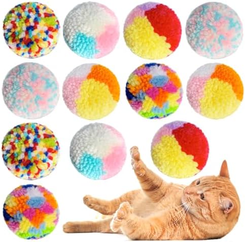 Assorted Color Cat Ball Toys, Woolen Yarn Puffs Pom Balls Interactive Kitten Chasing Toys Cat Chase Balls (12Pcs) by YUBONUS
