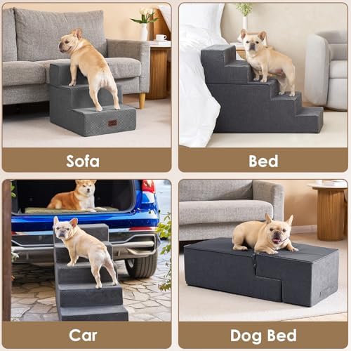 EHEYCIGA Dog Stairs for Bed 18" H, 4-Step Extra Wide Dog Steps, Grey - Image 7