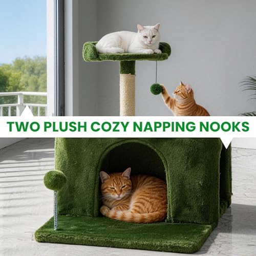 32.8inch Small Cat Tree Tower Condo for Indoor Cats, Soft Plush Multi-Level Climbing Tree Cat House with Cat Cave, Scratching Post, Sisal Rope, Green - Image 5