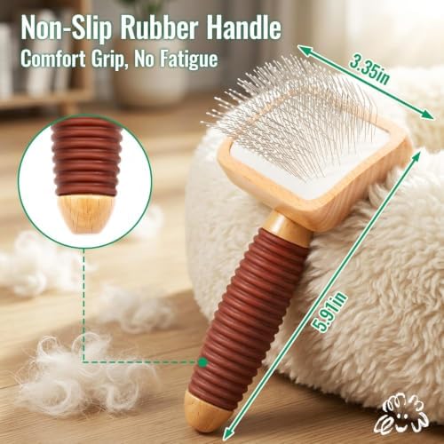 Small Slicker Brush for Dogs & Cats, Professional Pets Long Pin Brush for Grooming, Shedding - Non-Slip Rubber Beech Handle - Image 3