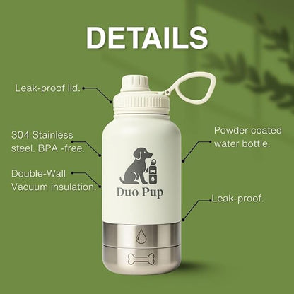 DuoPup 32oz Insulated Stainless Steel Pet Water & Food Bottle – Portable Leak-Resistant Dispenser with Two Detachable Bowls & Carrying Strap – Travel, Hiking & Outdoor Pet Hydration – Dark Green