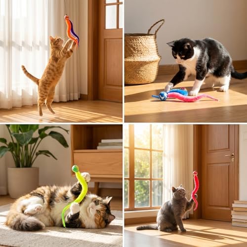6 Pcs Cat Ball Toy Interactive Cats Bouncy Ball-Colorful Worm with Ball-Toy Mixed Bouncy Balls Rainbow Fuzzy Worm Weasel Balls for Indoor Cats(Multicolor) - Image 3