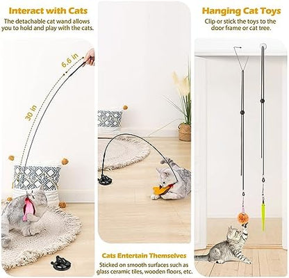 Cat Toys, 2 Pack 3 in 1 Interactive Cat Toy for Indoor Cats with Sticky Super Suction Cup Detachable 10 Pcs Replacements Feathers Balls Mice 2 Wand Hanging Door Kitten Toys - Image 2