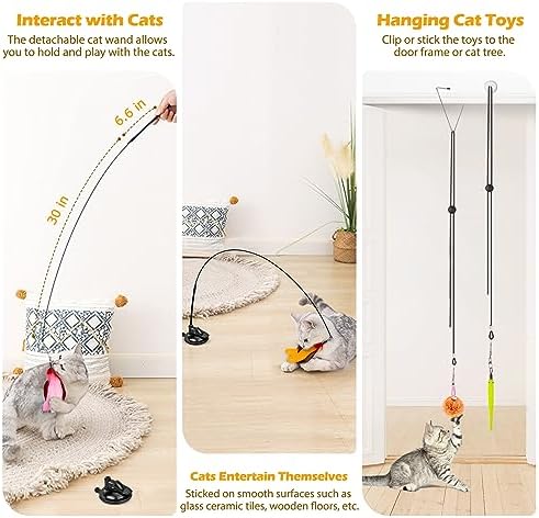 Cat Toys, 2 Pack 3 in 1 Interactive Cat Toy for Indoor Cats with Sticky Super Suction Cup Detachable 10 Pcs Replacements Feathers Balls Mice 2 Wand Hanging Door Kitten Toys - Image 2