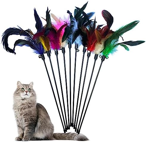 Cat Feather Wand Toys 10-Pack with Bell Indoor Kittens by YUBONUS