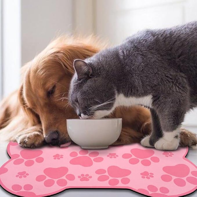 Dog Food Mats for Floors Waterproof, Pet Feeding Absorbent Water Bowl Mat Cat Placemats Pink Bone Shape 19 * 12 inch