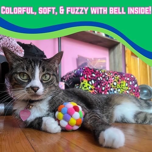 Smokey's Stash Plush Pom Cat Balls with Bells Inside, Colorful and Fuzzy Cat Toys for Indoor Kittens (3 Pack Medium Balls) - Image 4