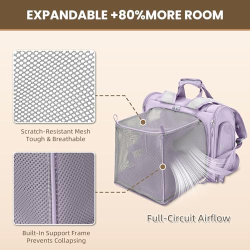 Lollimeow Expandable Cat Carrier Backpack for Large Cats - Airline Approved Pet Carrier Backpack for Small Dogs, Hiking & Travel, Waterproof with Breathable Mesh, 14lbs Capacity (Lavender, Standard) - Image 3