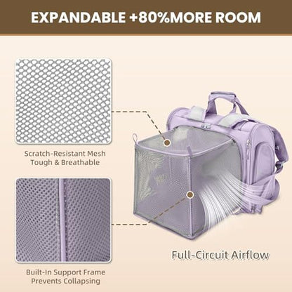 Lollimeow Expandable Cat Carrier Backpack for Large Cats - Airline Approved Pet Carrier Backpack for Small Dogs, Hiking & Travel, Waterproof with Breathable Mesh, 14lbs Capacity (Lavender, Standard) - Image 3