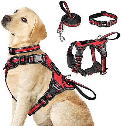WINSEE Pet Harness Collar and Leash Set, All-in-one Reflective Dog Harness No Pull with Adjustable Buckles for Puppies, Small, Medium, Large, and Extra-Large Dogs (Large, Red) by WINSEE