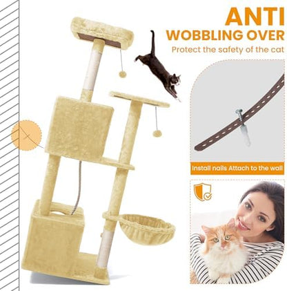 54-Inch Cat Tree Tower with 2 Caves & 2 Pompoms - Multi-Level Tower for Indoor Cats, Soft Plush Condo with Scratching Posts - Sturdy Base for Large Cats(Beige) - Image 6