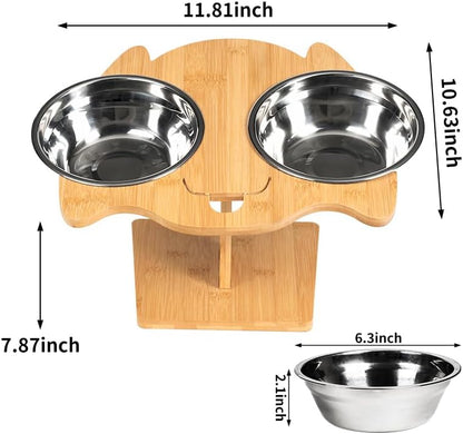 Elevated Cat and Dog Bowl Set – Dual Stainless Steel Bowls with Bamboo Animal-Shaped Stand, Raised Pet Feeder for Medium Dog Small Puppy and Cats to Reduce Neck Strain & Improve Digestion - Image 2