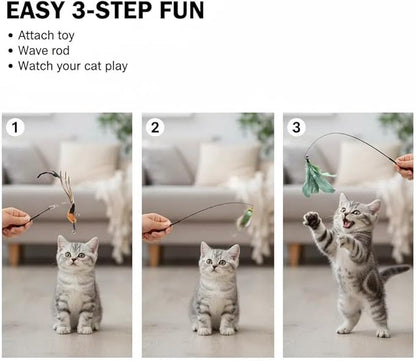 9 Pcs Interactive Cat Feather Toys for Indoor Self Play & Exercise, Cat Wand Toy, 2 Play Modes Kitten Teaser Wand, Reusable Suction Cup Kitten Toys